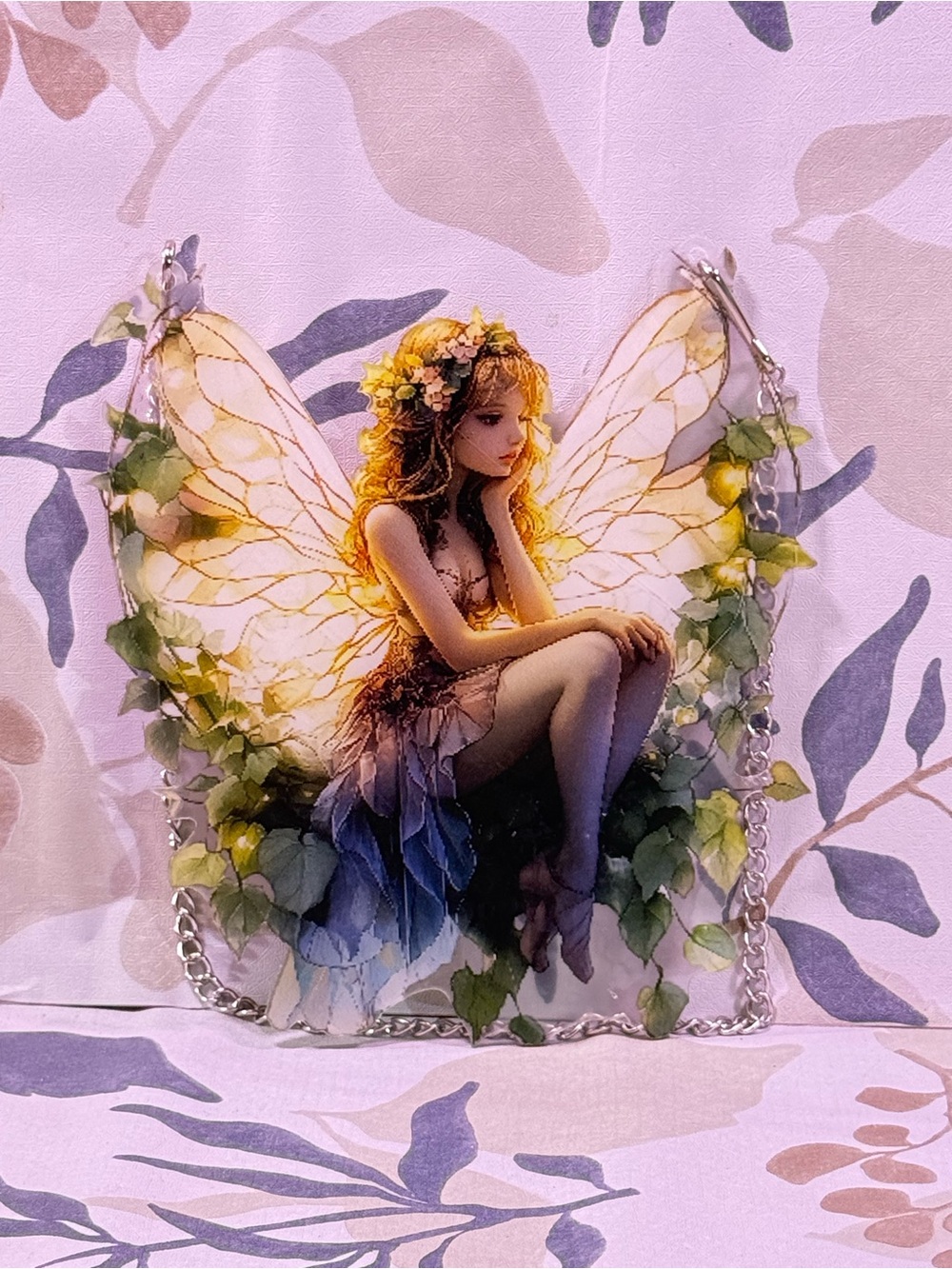 NWT 2D Flat Fairy Wing Acrylic Suncatcher with chain hanger-Floral Fairy Art